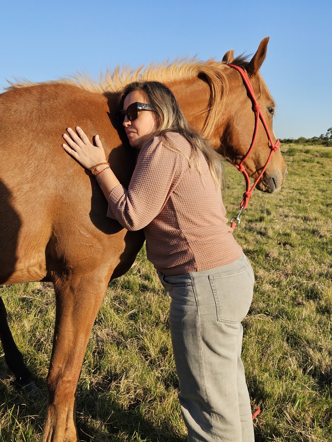 Vicky hugging Margaret, a chestnut mare, in golden light